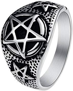 BlackAmazement 316L Edelstahl Ring Pentagramm Stern Star Fünfstern Drudenfuß Pentakel Silber Schwarz Damen Herren