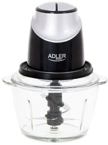 ADLER AD4082 Picadora Eléctrica de Alimentos, 4 Cuchillas Acero Inoxidable, 2 Velocidades, Recipiente de Cristal 1,2 Litros, Accesorios Aptos para Lavavajillas, Pica y Tritura Carne, Verduras, 550W