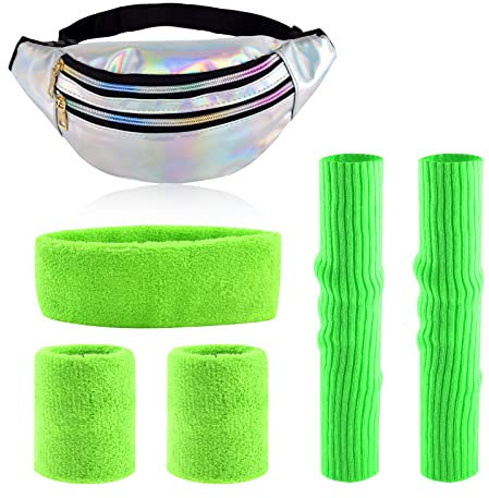 80er 90er Jahre Bauchtasche Grün Set Silberne Bauchtasche, Neon Grüne Stulpen, Neon schweißband Stirnband for 80er 90er Jahre Outfit Damen Party Kostüm Accessoires (Grün)