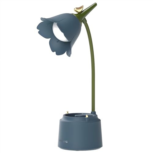 QIANGUANG Schreibtischlampen LED, Blume Vogel Tischlampe, USB wiederaufladbar Leselicht, 3 Farbmodi, berührungsempfindlicher Schalter (Blau)