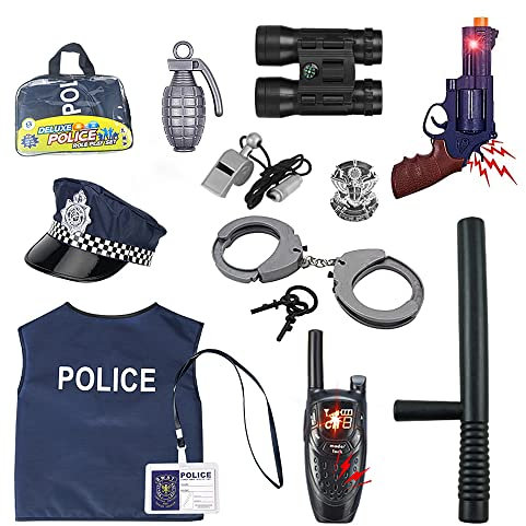 Lotvic Polizei Kostüm Kinder, Polizei Ausrüstung, Polizei Kostüm Set, mit Hut, Jacke, Pfeife, Handschellen, Polizeiabzeichen, Passend für Halloween Dress Up Party, Rollenspiele zu spielen