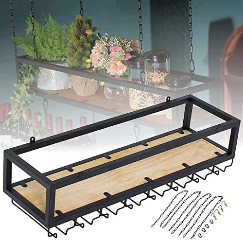 Pipi Zhu Range Bouteille Suspendu - Porte Plante Fer Forgé Mural - Casier À Vin en Bois Massif Au Plafond, Porte-Verre À Vin Vintage Style Chaîne, pour Bar/Salon, Jardinière Facile À Installer