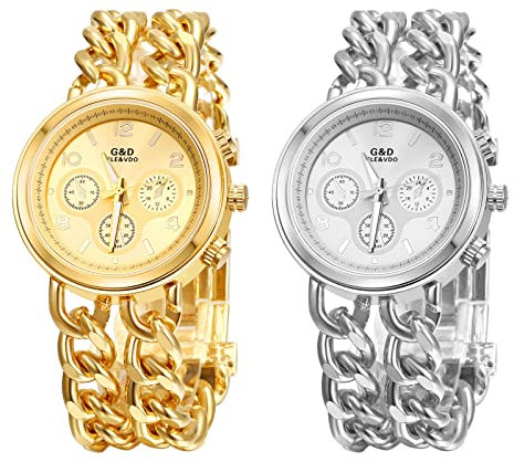 JewelryWe 2pcs Uhren Damen Analog Quarz 30m wasserdichte Armbanduhr Elegant Beiläufige Uhr Damenuhr mit Edelstahl Doppelt Panzerkette Armband Gold/Silber