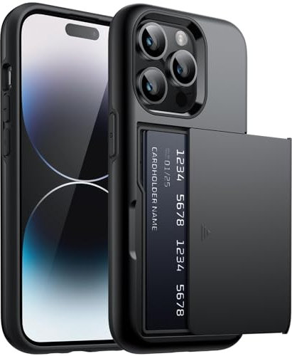 JETech Kartenfach Hülle für iPhone 14 Pro 6,1 Zoll mit Kartenhalter, Zweilagige Stoßfest Schutzhülle Handyhülle, Verschiebbarer Versteckter Steckplatz (Schwarz)