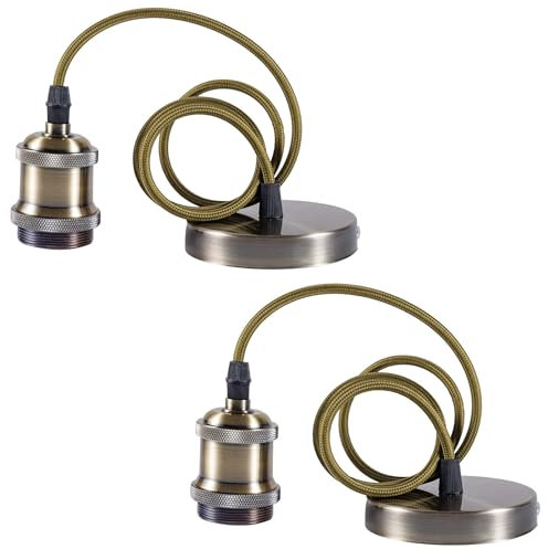 Sevenpers Ceiling Pendant Light Fitting, 2 Pack E27 Bronze Vintage Style Ceiling Rose Light Fitting Lamp Holder Kit with Ground Wire and 90cm Braided Cable