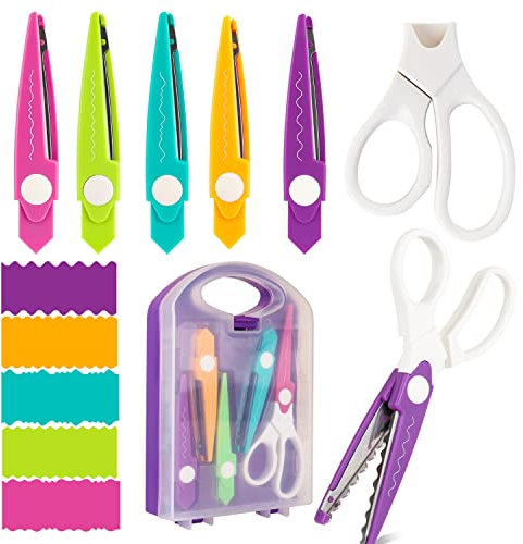 Lot de 6 paires ciseaux décoratifs à bord papier avec boîte rangement, 5 types ciseaux à bords zigzag, parfaits pour lescartes, les photos, scrapbooking, bureau, l'école et la maison