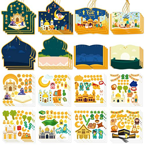 GROBRO7 49Pcs Ramadan Szene Aufkleber mit Seilen Eid Mubarak DIY Papier Handwerk Kits, Moschee Kamel hängende Dekorationen, muslimische religiöse Thema Geschenk für Bäume Fenster Wanddekoration