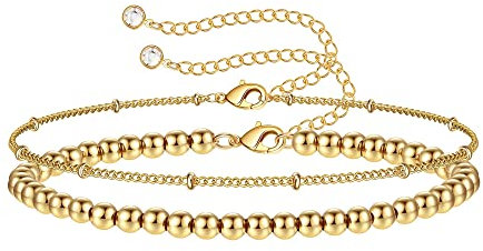 TINGN Boho Gold Perlen Armband für Damen Frauen, 14 Karat Gold Gefülltes Mehrreihige Armband Verstellbar Winziges Gold Perlen Handgemacht Armband für Frauen Mädchen Schmuck (Perlen & Perlenkette)
