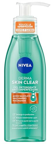 NIVEA Derma Skin Clear Gesichtsreinigungsgel gegen Unvollkommenheiten 150 ml, Gesichtsreiniger fettige und Mischhaut mit Salicylsäure, Meersalz und Niacinamid, reinigender Gesichtsreiniger