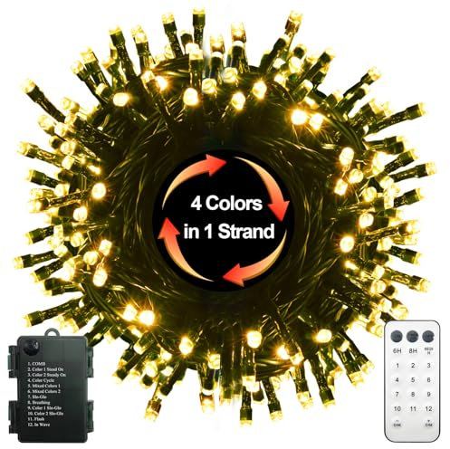100 LED Christmas String Lights Battery Operated, Dual Color Changing Fairy Lights 33Ft Green Wire with Remote Timer Outdoor Indoor Twinkle Lights for Xmas Tree WW+RW