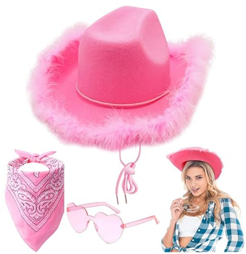 Winnsell Cowboyhut für Damen, Filz, flauschig, Federbesatz, Cowgirl-Hut, breite Krempe, Kostüm, Cowgirl-Hüte mit Herzbrille, Bandana, Schal für Halloween, Geburtstag, Junggesellinnenabschied (A)
