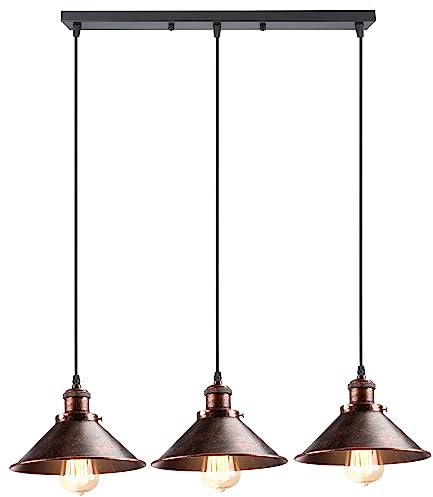 iDEGU 3-flammige Pendelleuchte Industrielle Hängelampe Stil Edison Vintage Pendellampe mit 22cm Metall Lampenschirm E27 Fassung Rost Hängeleuchte für Esszimmer Küche Wohnzimmer (Balken)