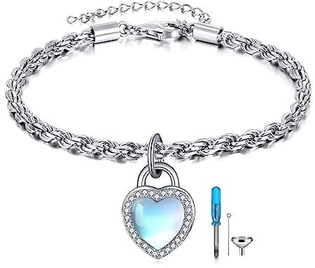 ONEFINITY Moonstone Memorial Bracelet for Ashes 925 Sterling Silver Urn Keepsake Jewellery with Heart Lock Clasp Bracelet Cremation Memorial Gift for Women