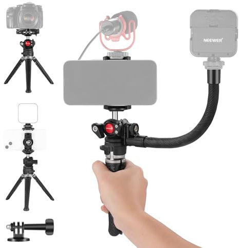 NEEWER Mini Desk Tripod for iPhone with 2in1 Phone Holder/Action Camera Adapter/Flexible Arm, Small Portable Pocket Tripod Compatible with GoPro iPhone for Travel Vlogging Video Recording, TS006