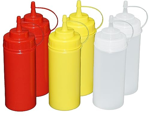 GVK ECO Je 2 Stück rot, gelb, transparente Quetschflaschen 0,49 Liter Dosierflasche Spenderflasche Dressingflasche