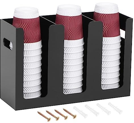 sourcing map Wand Montage Disposable Kaffee Becher Spender mit Handgriffe Heiß/Kalt Trinkbecher und Deckel Halter Arbeitsplatte Acryl Becher Deckel Lagerung Veranstalter(3 Fächer Schwarz)