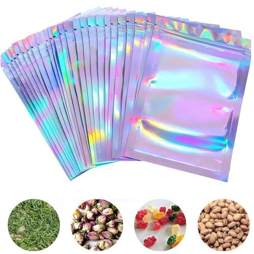 DAKFOOK 200 Pcs Holographic Ziplock Bags, 10.5 x 15cm Clear Mylar Bags with Resealable Foil Closure, Ideal for Sweets, Jewellery, Snacks, Food Storage