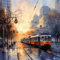 adrium Acryl-Bild 60 x 60 cm: Moderne Straßenbahn in der Stadt. Digitale Aquarellmalerei auf Leinwand. (212897926)