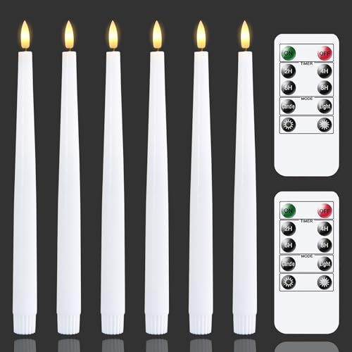 Zevanor Flameless Flickering 2cm x29cm White LED Taper Candles with Remote and Daily Timer, Pack of 6 Battery Operated Wax Electric Tall 3D-Wick Window Candlesticks (Long Lasting 620 Hrs)