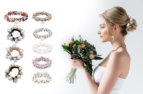 9 Pcs Perlenhaar Binden Haarseile Kristall Elastische Haar Scrunchies Dehnbare Perlen Haarbänder Haarzubehör für Frauen Mädchen