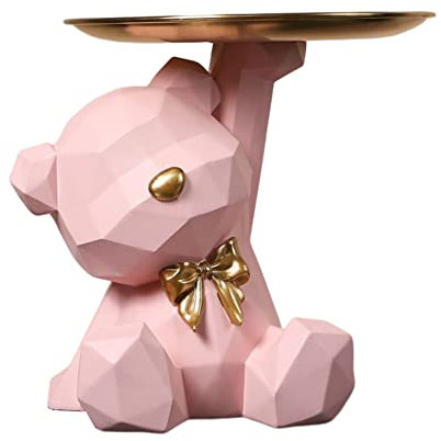 BLOOOK Statue Skulptur,Bär Figur Dekorative Tablett,Bären Skulpturen mit Dekotablett,Teddy Bär Deko Figuren Schlüsselschale,Dekoschale für Dessert Kosmetik Schmuck Kerzen (Rosa (B))