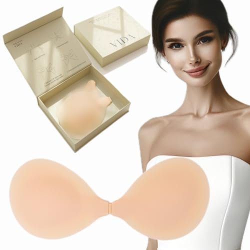 VIDA Strapless Bra, Hypoallergenic, Reusable Stick On Bra. The Ultimate Adhesive Bra, Invisible Support & Lift, Seamless Sticky Bra. (Size, C)