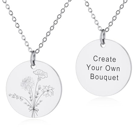 INBLUE Personalisierte Gravierte Geburt Blume Disc Halskette für Damen Gravierte Text Edelstahl Runde Anhänger Kombinierte Geburt Blume Strauß Halskette Zierliche Schmuck Geschenk für Geburtstag - A2
