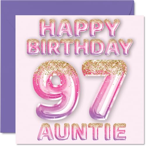 97th Birthday Card for Auntie, Pink & Purple Glitter Balloons | Happy Birthday Cards for 97 Year Old Aunt Aunty from Nephew Niece, 145mm Bday Greeting Cards Gift