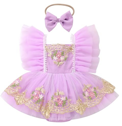 FYMNSI First Birthday Outfit Girl Newborn Infant Baby Girl's Floral Embroidery Tutu Tulle Princess Romper Dress Flutter Sleeve Bodysuit One Year Old Party Pageant Wedding Formal Dresses Violet 0-3M
