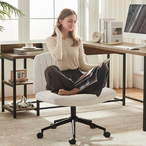 Dowinx Criss Cross Stuhl mit Feststellrädern, Premium-Stoff und Taschenfederkissen, Verstellbarer Drehstuhl, breiter Sitz, Computerstuhl, modernes Design, Schminkstuhl, Weiß