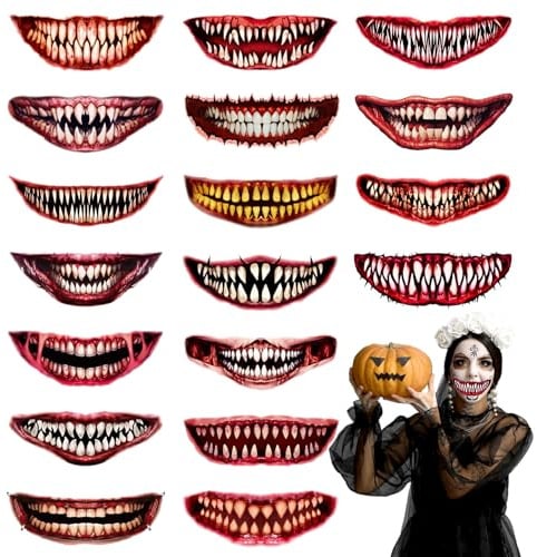 18 Stück Mund Tattoo - Gruselige Mundaufkleber für Cosplay & Halloween Party