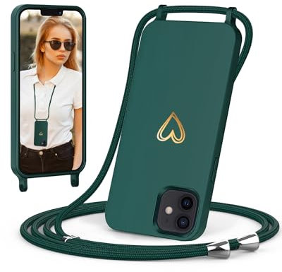 ScandiCasis Handykette für iPhone 12 Mini mit Band, Handyhülle mit Schnur zum Umhängen, Weiche TPU Silikonhülle mit Band [Verstellbar] [Abnehmbar], Love Design Halskettenhülle, Grün