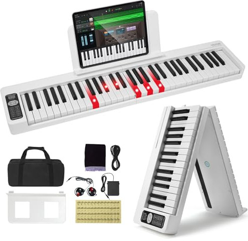 VEVOR Teclado de Piano Plegable 61 Teclas Bluetooth y MIDI Piano Electrónico Digital Portátil con Pedal de Sostenido Teclas Iluminadas Recargable para Principiantes, Adolescentes, Adultos, Blanco