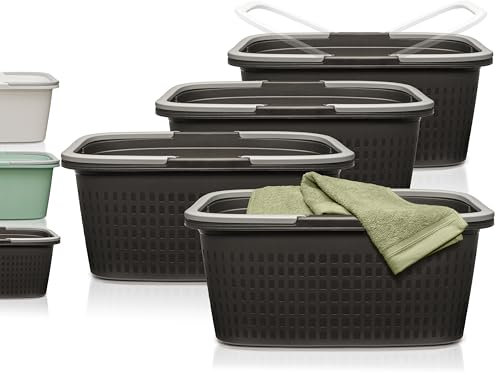 Wäschewanne 58x37x25cm, 4 x Wäschekorb aus Kunststoff stapelbar schwarz mit Henkel und Griff 35 l (Anthrazit-Schwarz, 4 Wannen)