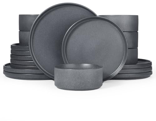 Richmount Star 18-teiliges teller set, Geschirrset 6 personen, Steingut Geschirr Set, Anti-Kratzer Tafelservice, Mikrowellen & Spülmaschinenfest, Vollglanz Matt Dunkelkohle