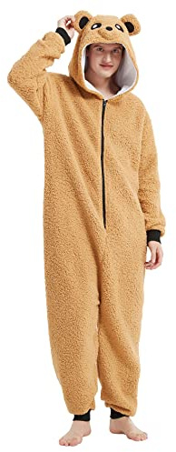 Loiahoer Unisex Erwachsene Sherpa Bär Onesie Kostüm Pyjama Halloween Cosplay Kostüm Neuheit Tier Weihnachten Pyjama Set für Familie & Paare,Braun,L