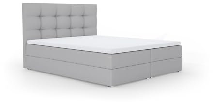 FurniDe24 Boxspringbett mit Taschenfederkernmatratze H3, Doppelbett mit gestepptem Kopfteil und 2 Bettkästen, Topper-Matratze 3cm, verstärkter Rahmen, grau Samt, 140x200cm - Piko