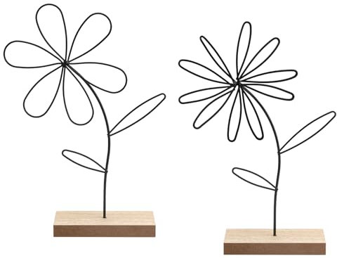 ZMDMAH Aufsteller Blume 2er Set Premium Metall-Blume auf Holz-Sockel,Deko-Blume aus Metall Frühlingsdeko Innen Holzdeko Hinstellendeko Fensterbank Osterdeko Wohnzimmer Deko