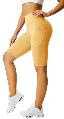Buepeara Shorts Leggings Damen Fünf Hosen mit Innentasche Hohe Taille Yoga Kurze für Gym Sport Laufhose mit Taschen Gelb S-M
