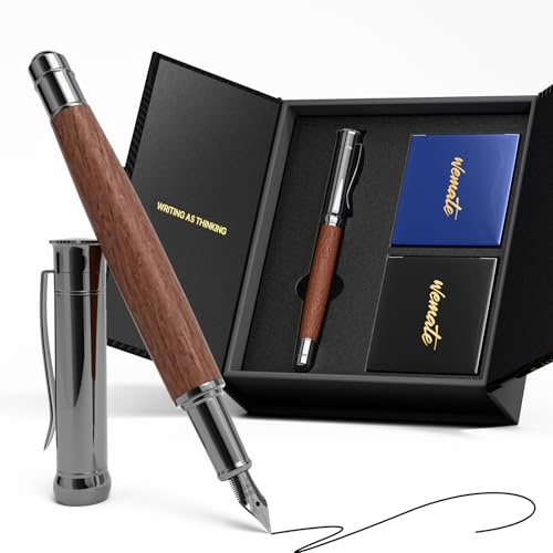 WEMATE Pluma estilográfica de madera con agarre ergonómico, punta fina, 20 cartuchos de tinta (10 negros y 10 azules), 1 convertidor de tinta, escritura suave y sin saltos, regalo de oficina para