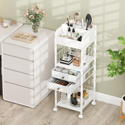 RELAX4LIFE Carrello Porta Trucchi, Organizer per Cosmetici con Cassetti e Ripiani, Rotelle Bloccabili, Carrello Multiuso per Cosmetici, Creme, Gioielli e Rossetti, 30 x 30 x 90 cm