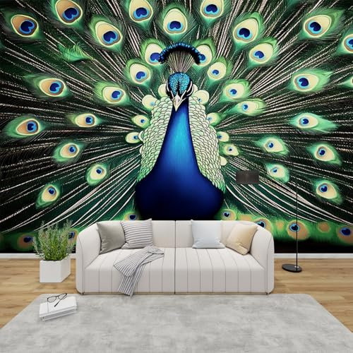 AevuCub Peacock Wallpaper for Living Room - Peacock Feather Wall Murals for Bedrooms, Animal Wall Art, Non-Woven Photo Wallpaper 3D Effect, 200x140 cm