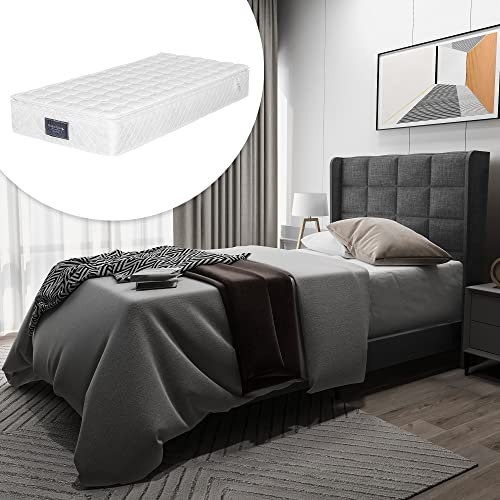 OKYION Bett 90x200 mit Matratze – Polsterbett mit Federkern & Lattenrost, Einzelbett in Grau Leinen – Allergikerfreundliches & ergonomisches Bett, mittelfest & komfortabel