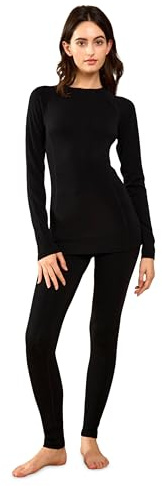 LEADHALO Midweight Merino Wool Base Layer Women Set, Moisture Wicking Warm Women's Thermals Top and Bottom for Ski Snowboard Black L