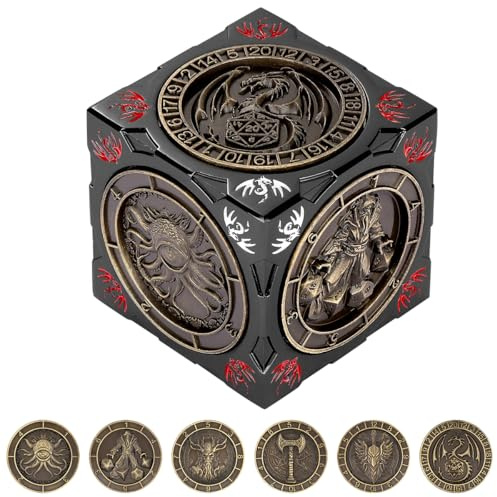 DND Spinner Würfel, D&D Metall Würfel, Polyedrische Rotierende Spielwürfel | 7-in-1 Metall Würfelset, 3D-Relief Design, D&D Geschenke, RPG, MTG, Rollenspiel Brettspiel Zubehör, mit Geschenkbox, Schwarz
