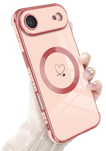 Newseego Coque pour iPhone Air, Compatible avec MagSafe Housse avec Motif Coeur d'amour et Bord Plaqué Mignon TPU Souple Fine Antichoc Protection pour iPhone Air Rose