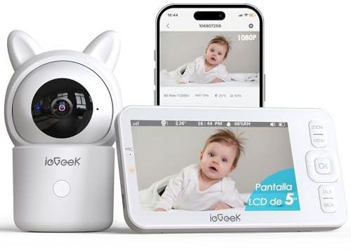 ieGeek Cámara Vigilancia Bebés 1080P con Pantalla 5, Baby Monitor con Vista 360° PTZ, Vigilabebés con App Móvil, Detección Movimiento y Llanto, Audio Bidireccional, Visión Nocturna