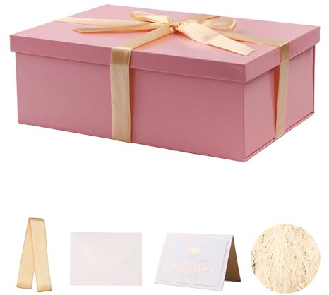 Caja de regalo Rosado con tapa 31.5 x 21.5 x 11 cm, Cajas de Regalo Premium con Tapa y Cinta para Regalos de San Valentín, Navidad Incluye Papel seda triturado Tarjetas sobre