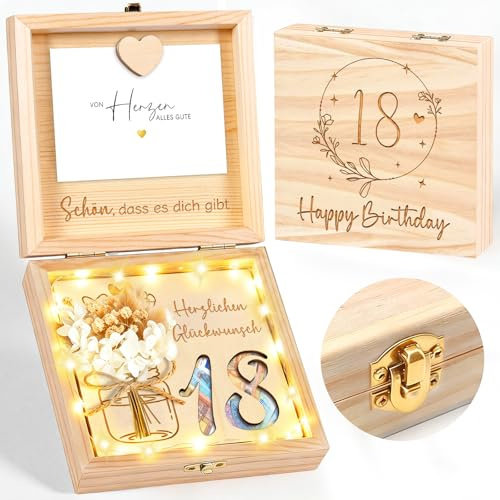 Geldgeschenke Geburtstag 18 Geschenkbox Holz, Geschenke zum 18. Geburtstag | Personalisierte 18 Geldgeschenk Verpackung mit LED Lichterkette Trockenblumen – Geschenke zum 18. Geburtstag Mädchen Junge