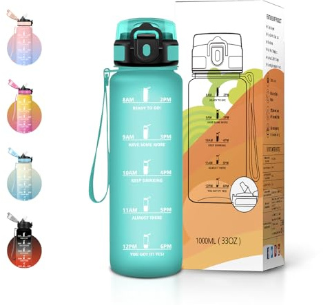 JAPORIA Borraccia 1L con Cannuccia, Marcatori Temporali, Bottiglia Acqua Riutilizzabile, senza BPA, a Prova di Perdite, per Fitness, Scuola, Ufficio e Sport
